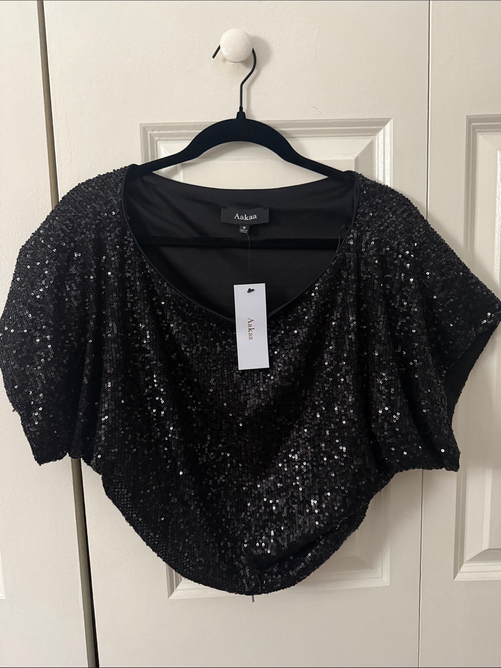 Aakaa Black Sequin Cropped Scoop Neck Top